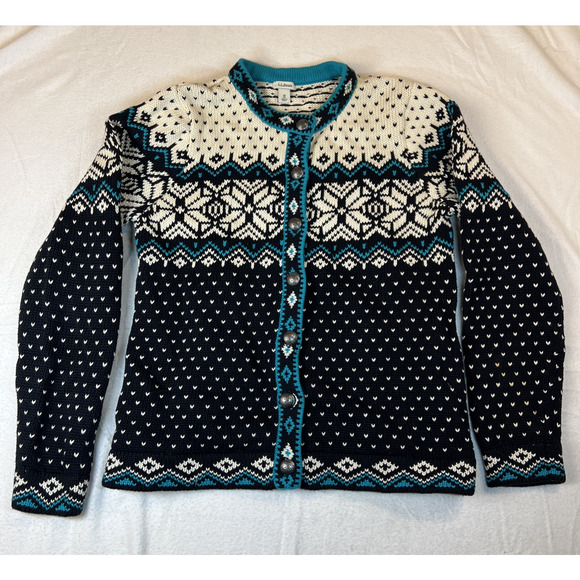 L.L. Bean Sweaters - L.L. Bean Nordic Sweater Black Teal Cardigan Button Up Medium Cotton VTG Cabin